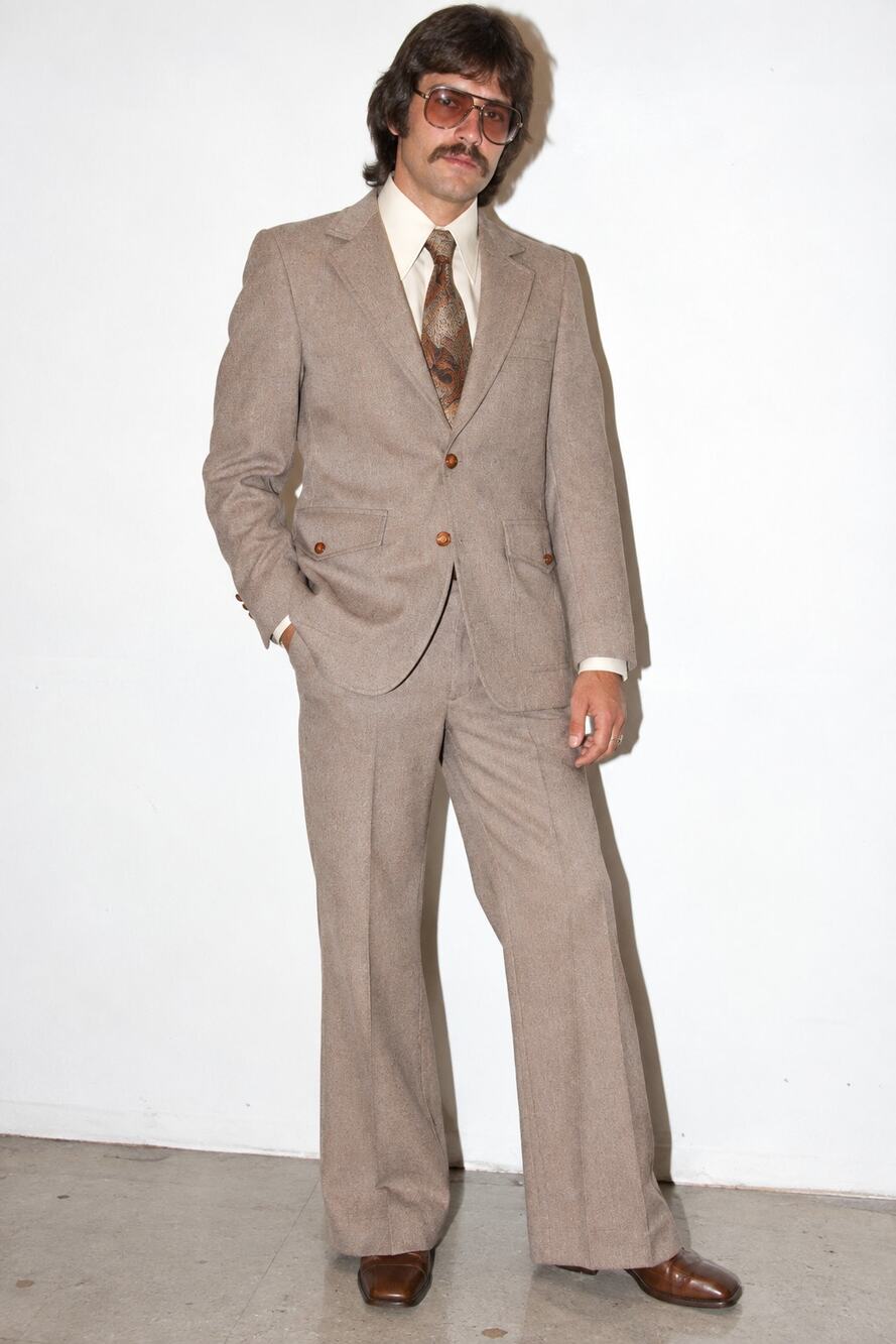Vintage 70s Quarterback Men's Suit Brown Wide Leg Polyester Disco Leisure, 34R